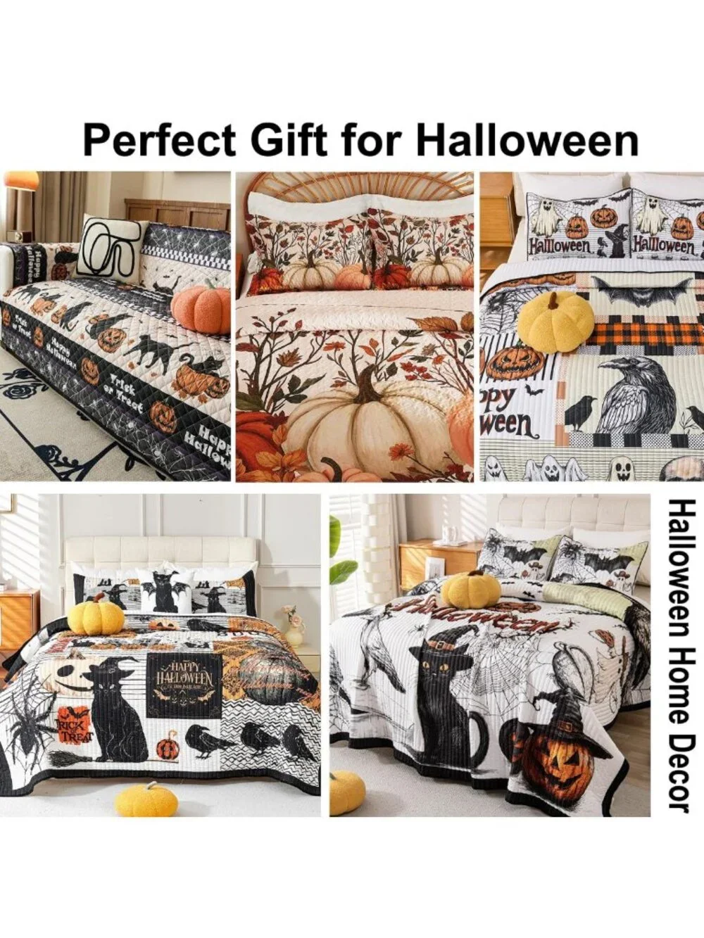 Cozy Fall Pumpkin Quilt Set - 3 Piece Queen Bedding, Reversible Coverlet & Shams